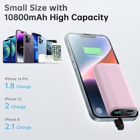 Portable Charger 10800mAh for iPhone,Small & Ultra-Compact 15W PD Fast Charging Power Bank ,LCD Display Battery Pack with Built-in-Cable Compatible with iPhone 14/14 Pro Max /13/12/X/XR/XS/8/7/6 etc in Kuwait