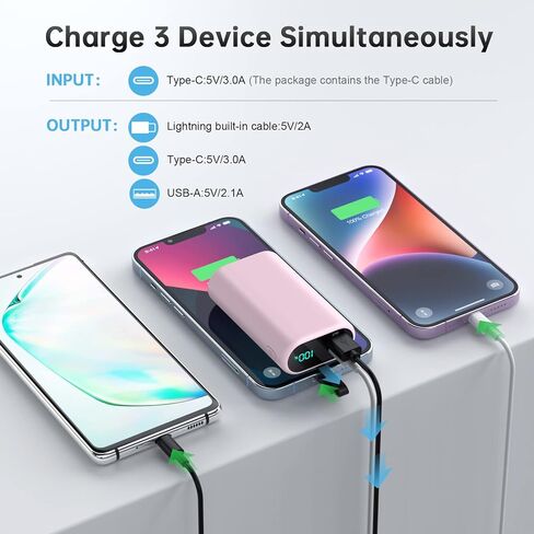 Portable Charger 10800mAh for iPhone,Small & Ultra-Compact 15W PD Fast Charging Power Bank ,LCD Display Battery Pack with Built-in-Cable Compatible with iPhone 14/14 Pro Max /13/12/X/XR/XS/8/7/6 etc in Kuwait