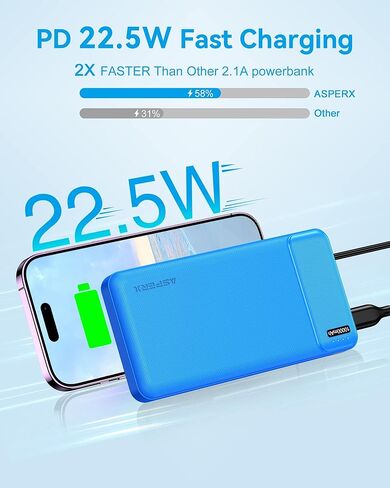 شاحن محمول AsperX بقدرة 22.5 وات 10000 مللي أمبير في الساعة، باور بانك شحن سريع، مخرج USB C، حزمة بطارية خارجية شاحن هاتف محمول لهواتف iPhone وSamsung وAndroid والمزيد باللون الأبيض in Kuwait