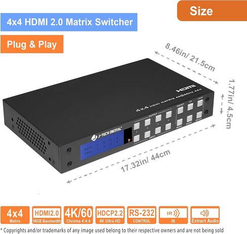 J-Tech Digital 4K 30Hz 4x4 HDMI Matrix Switch Switcher with HDCP 3D & Deep Color HDMI 1.4 Ultra HD Control4 Driver Available in Kuwait