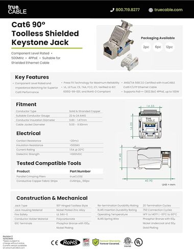 مقبس Keystone بدون أدوات من TrueCABLE Cat6A، محمي (STP)، PoE++ (4PPoE) 100 وات، مدرج في قائمة UL، معتمد من ETL، معتمد من ANSI/TIA، أنثى RJ45 معيارية، 12 حزمة in Kuwait