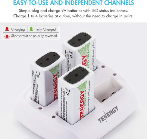 Tenergy TN136 9V Battery Charger 4 Slot with 200mAh Centura(LSD) 4PCS NiMH Rechargeable 9V Batteries for Smoke Detector Alarm System in Saudi Arabia