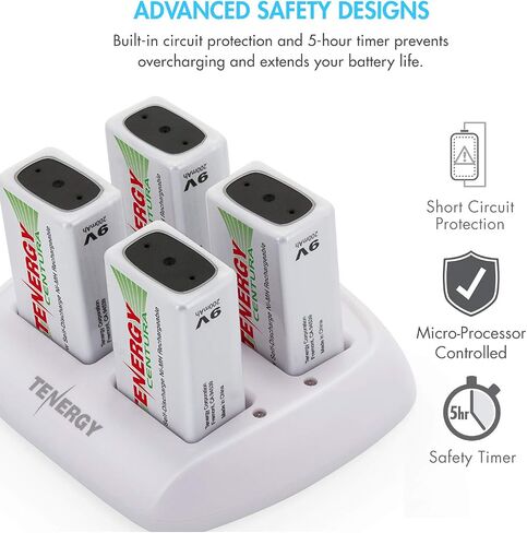 Tenergy TN136 9V Battery Charger 4 Slot with 200mAh Centura(LSD) 4PCS NiMH Rechargeable 9V Batteries for Smoke Detector Alarm System in Saudi Arabia