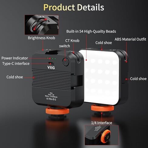 VRIG FD54 LED مصباح فيديو على الكاميرا، مصابيح كاميرا LED صغيرة قابلة لإعادة الشحن 2000 مللي أمبير في الساعة، CRI95+ قابلة للتعتيم 2500-7500K إضاءة فائقة السطوع للصور والفيديو in Kuwait