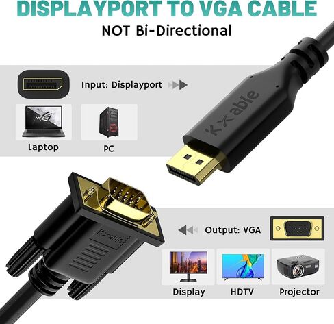 DisplayPort to VGA Cable 25 FT, DP to VGA Adapter Cord, Display Port to VGA Male to Male Converter Cable, Gold-Plated, 1080P@60Hz, For PC, Desktop, Laptop, HDTV, Projector, Monitor, with 25 Ties in Kuwait