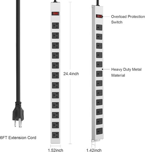 JUNNUJ Metal 8 Outlet Power Strip, Mountable Heavy Duty Power Strip, 1200J Surge Protector Wall Mount Screws Outlet with Switch, Gaming Desk Strips Wide Spaced 15A 125V 1875W, 3 FT 14AWG Power Cord in Kuwait