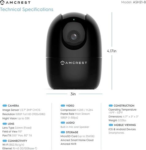Amcrest 1080P WiFi Camera Indoor, Nanny Cam, Dog Camera, Sound & Baby Monitor, Human & Pet Detection, Motion-Tracking, 2.4Ghz Only, Pan/Tilt Wireless IP Camera, Night Vision, Smart Home ASH21-B in Saudi Arabia