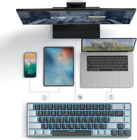 لوحة مفاتيح ميكانيكية لاسلكية MageGee بنسبة 60%، 2.4G/BT5.1/USB-C لوحة مفاتيح صغيرة للألعاب مع مفتاح أزرق، 68 مفتاحًا لوحة مفاتيح مكتبية مدمجة بإضاءة خلفية زرقاء لأجهزة الكمبيوتر المحمول Mac والهواتف الذكية، أسود/رمادي in Kuwait