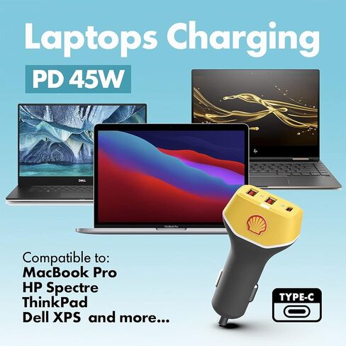 Shell Car Charger USB C, 63W 3 Port iPhone Car Charger Fast Charging,45W PD USB C for iPhone 13 /Pro/Max/Mini, iPad Pro/Air/Mini, MacBook Air/Pro, Google Pixel, Tablets, GPS. in Kuwait