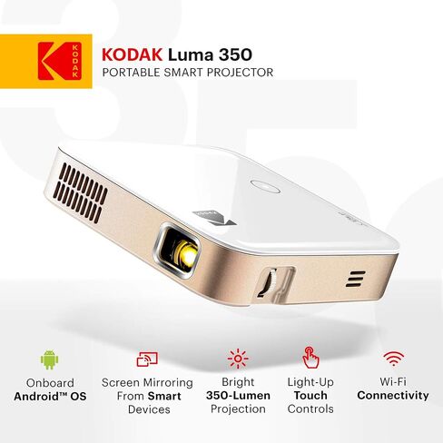 كوداك جهاز عرض ذكي محمول 350 من لوما | جهاز عرض فيديو قوي 4K متوافق مع UHD UHD قابل لاعادة الشحن بنظام اندرويد 6.0 مع حافظة ناعمة in Kuwait