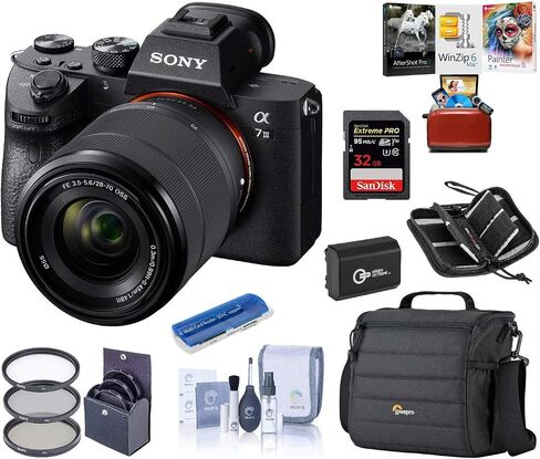 كاميرا Sony Alpha a7III رقمية كاملة الإطار بدقة 4K UHD بدون مرآة مع مجموعة عدسات مقاس 28-70 مم مع حقيبة كاميرا + بطارية إضافية + مجموعة مرشح + مجموعة برامج Mac + بطاقة SD سعة 32 جيجابايت + حافظة بطاقة SD + مجموعة تنظيف in Kuwait