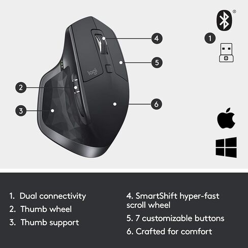 Logitech MX Master 2S Wireless Mouse, Multi-Device, Bluetooth or 2.4GHz Wireless with USB Unifying Receiver, 4000 DPI Any Surface Tracking, 7 Buttons, Fast Rechargeable, Laptop/PC/Mac/iPad - Graphite in Saudi Arabia