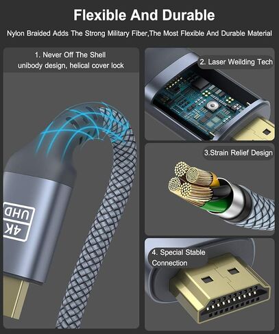 AkoaDa 4K HDMI Cable 15FT, 18Gbps 2.0 High Speed Gaming Cord 4K@60Hz HDR, 2K, ARC 3D Compatible for PS5/4, UHD TV and Blu-ray Player in Kuwait