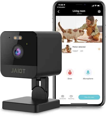 كاميرا أمان JAIOT داخلية، كاميرا للحيوانات الأليفة واي فاي 2.4 جيجا مع تطبيق الهاتف، كاميرا لأمن المنزل، رؤية ليلية ملونة، سلكية، كشف الحركة، إعداد سهل، صوت ثنائي الاتجاه، تعمل مع Alexa in Kuwait