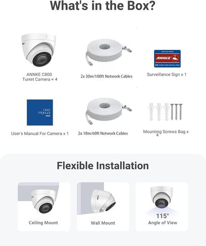 ANNKE C800 2-Pack 4K Ultra HD PoE IP Security Camera AI كشف المركبات البشرية، كاميرا برج خارجية بدقة 8 ميجابكسل مع تسجيل صوتي، عدسة 2.8 مم، زاوية واسعة، رؤية ليلية بالأشعة تحت الحمراء بطول 100 قدم، بطاقة SD تصل إلى 256 جيجابايت in Kuwait