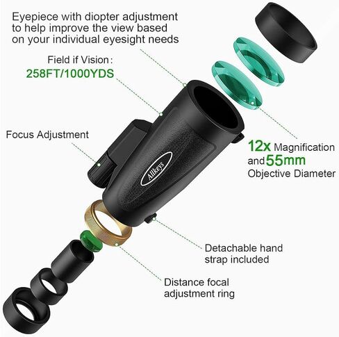 Allkeys 16x55 HD Monocular Telescope for Adults Kids, Waterproof Monocular with Quick Smartphone Holder,Day & Low Night Vision,BAK4 Prism FMC Lens for Stargazing Wildlife Bird Watching Travling in Kuwait