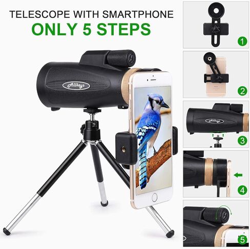 Allkeys 16x55 HD Monocular Telescope for Adults Kids, Waterproof Monocular with Quick Smartphone Holder,Day & Low Night Vision,BAK4 Prism FMC Lens for Stargazing Wildlife Bird Watching Travling in Kuwait