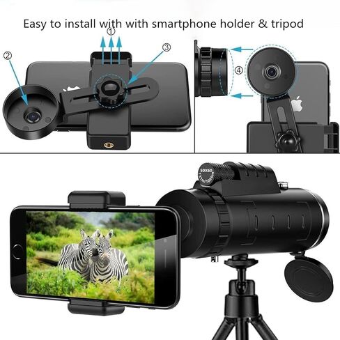 تلسكوب سيبيجنولي أحادي العين، منظار أحادي عالي الطاقة مع حامل للهاتف الذكي وحامل ثلاثي القوائم، تلسكوب تكبير مقاوم للماء، رؤية ليلية نهارية ومنخفضة، تركيز مزدوج منشوري BAK4 لصيد الطيور (12X50) in Kuwait