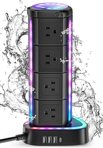 RGB Power Strip Tower with USB C PD 20W, Waterproof Surge Protector with 12 Outlets and 3 USB Ports, 2000J 1875W 6ft Extension Cord, Charging Station for Gaming Party Dorm Office in Saudi Arabia