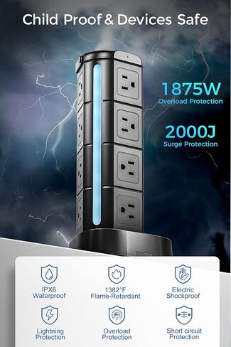 RGB Power Strip Tower with USB C PD 20W, Waterproof Surge Protector with 12 Outlets and 3 USB Ports, 2000J 1875W 6ft Extension Cord, Charging Station for Gaming Party Dorm Office in Saudi Arabia