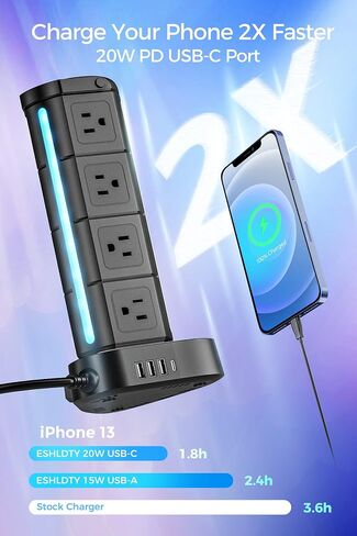 RGB Power Strip Tower with USB C PD 20W, Waterproof Surge Protector with 12 Outlets and 3 USB Ports, 2000J 1875W 6ft Extension Cord, Charging Station for Gaming Party Dorm Office in Saudi Arabia