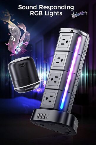 RGB Power Strip Tower with USB C PD 20W, Waterproof Surge Protector with 12 Outlets and 3 USB Ports, 2000J 1875W 6ft Extension Cord, Charging Station for Gaming Party Dorm Office in Saudi Arabia