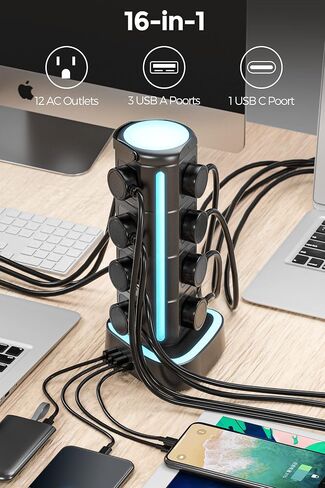 RGB Power Strip Tower with USB C PD 20W, Waterproof Surge Protector with 12 Outlets and 3 USB Ports, 2000J 1875W 6ft Extension Cord, Charging Station for Gaming Party Dorm Office in Saudi Arabia