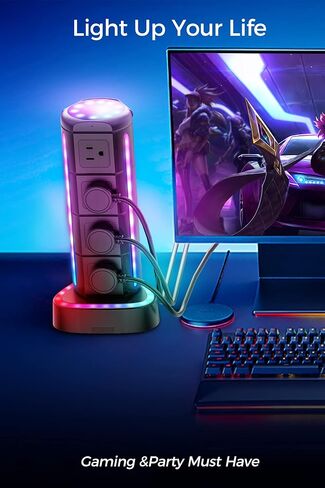 RGB Power Strip Tower with USB C PD 20W, Waterproof Surge Protector with 12 Outlets and 3 USB Ports, 2000J 1875W 6ft Extension Cord, Charging Station for Gaming Party Dorm Office in Saudi Arabia