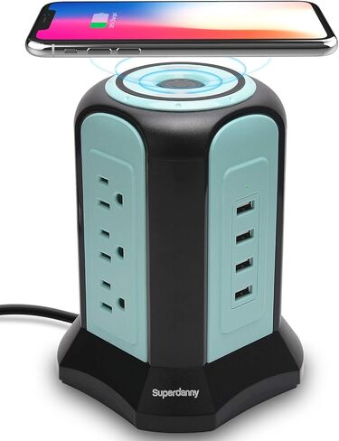 Power Strip Tower Wireless Charger, SUPERDANNY Surge Protector Tower, 10A 1080J Charger Station with 9 Outlets & 4 USB Ports, Extension Cord 10ft for Laptop Phone Black and Blue in Kuwait