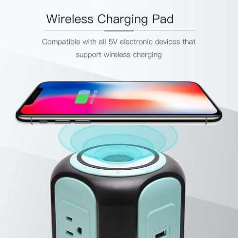 Power Strip Tower Wireless Charger, SUPERDANNY Surge Protector Tower, 10A 1080J Charger Station with 9 Outlets & 4 USB Ports, Extension Cord 10ft for Laptop Phone Black and Blue in Kuwait