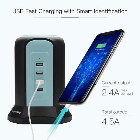 Power Strip Tower Wireless Charger, SUPERDANNY Surge Protector Tower, 10A 1080J Charger Station with 9 Outlets & 4 USB Ports, Extension Cord 10ft for Laptop Phone Black and Blue in Kuwait