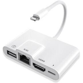 محول لايتننج الى ار جيه 45 ايثرنت او تي جي رقمي، 4 في 1 HDMI LAN شبكة سلكية USB او تي جي، محول شاشة مزامنة 1080P مع كابل شاحن لايفون 12/11/USB على تلفزيون HD/جهاز عرض/شاشة (ابيض) in Kuwait