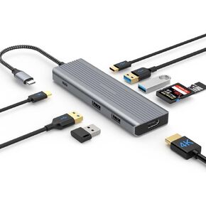 محول محور USB C 9 في 1 لنظام التشغيل Mac OS وWindows (4K HDMI، 2*USB 3.0 Type-A، منفذ نقل بيانات USB-C، 2*USB 2.0 Type-A، SD/TF، ​​USB C PD)