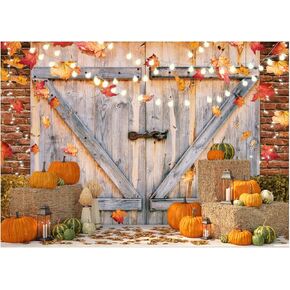 AIIKES 7X5FT Fall Thanksgiving Backdrop Autumn Pumpkin Harvest Barn Door Photography Backdrop Light Post Maple Leaves Haystack Thanksgiving Party Decorations Photo Studio Prop 12-457