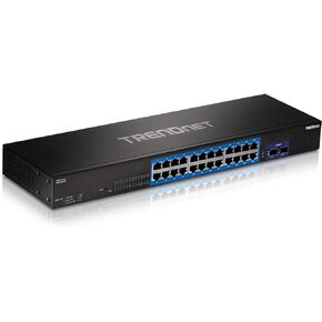 TRENDnet 24-Port Gigabit Switch with 2 X 10G SFP+ Slots, Fanless Design, 19" 1U Rack mountable, TEG-30262,Black