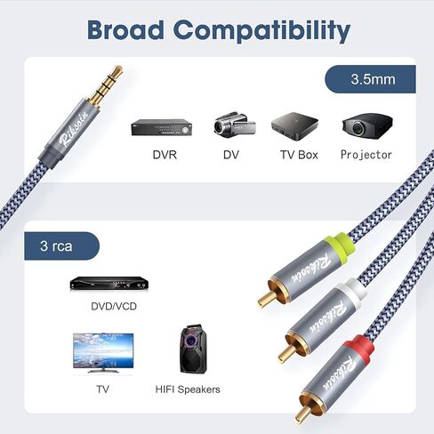 كابل فيديو صوت 3.5 ملم إلى 3 RCA، 6.6FT/2M 3.5 ملم إلى 3 ذكر محول RCA كابل AUX سلك AV لملفات MP3، وكاميرات الفيديو، والكمبيوتر اللوحي، ومكبر الصوت، والمسرح المنزلي، ومشغل DVD والمزيد (رمادي) in Kuwait
