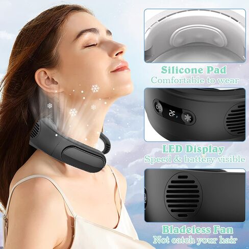 مروحة AMOVO المحمولة للرقبة بدون استخدام اليدين، مروحة مكيف هواء بدون شفرات، بطارية 5000 مللي أمبير في الساعة، مروحة USB قابلة لإعادة الشحن، 3 مستويات للسرعة ودرجة الحرارة قابلة للتعديل، مروحة شخصية يمكن ارتداؤها للتبريد (مروحة تبريد، أزرق) in Kuwait