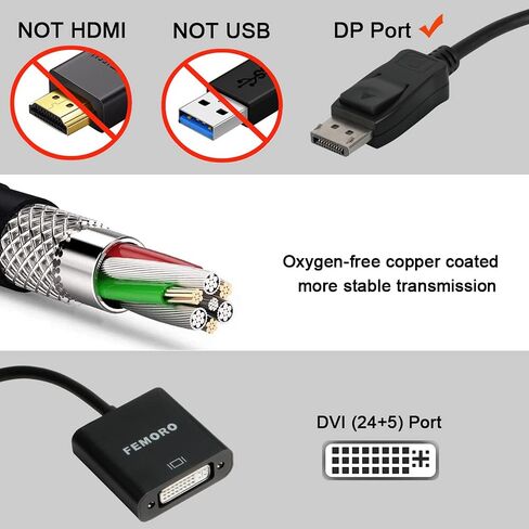 محول FEMORO DisplayPort إلى DVI 5 حزم، محول Display Port DP إلى DVI-I 1080P لجميع منافذ الكمبيوتر والكمبيوتر المحمول وسطح المكتب - أسود in Kuwait