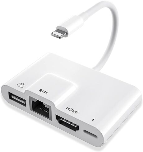 محول لايتننج الى ار جيه 45 ايثرنت او تي جي رقمي، 4 في 1 HDMI LAN شبكة سلكية USB او تي جي، محول شاشة مزامنة 1080P مع كابل شاحن لايفون 12/11/USB على تلفزيون HD/جهاز عرض/شاشة (ابيض) in Kuwait