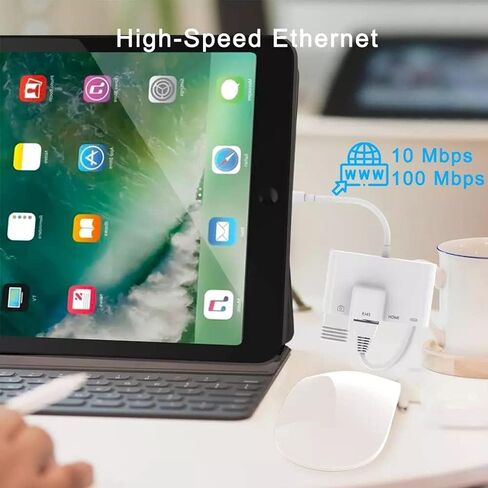 محول لايتننج الى ار جيه 45 ايثرنت او تي جي رقمي، 4 في 1 HDMI LAN شبكة سلكية USB او تي جي، محول شاشة مزامنة 1080P مع كابل شاحن لايفون 12/11/USB على تلفزيون HD/جهاز عرض/شاشة (ابيض) in Kuwait