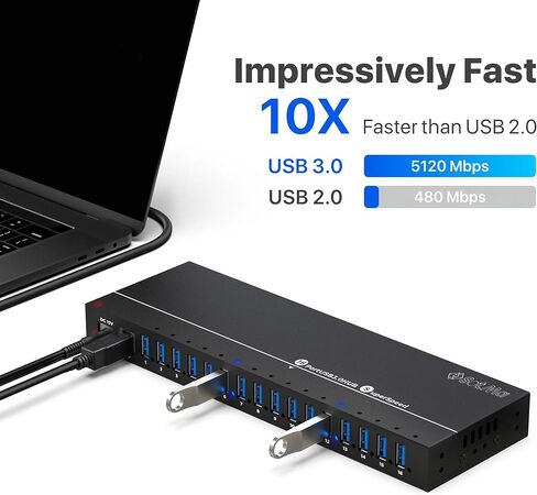 موزع USB لحماية متعددة الأمان - محور USB 3.0 يعمل بـ 16 منفذًا مع محول تيار متردد (12 فولت / 10 أمبير) - محور USB 3.0 من الألومنيوم مزود بمصابيح LED - سرعة عالية - محور لأجهزة متعددة - محور USB 3.0 يعمل بالطاقة in Kuwait