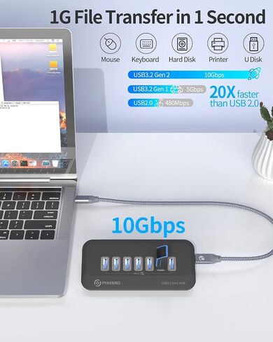 PHIXERO USB Port Hub 10Gbps, 4 Ports USB 3.1 Hub, High-Speed USB 3.2 Gen 2 Portable USB Splitter, USB Hub for Laptop, PC, iMac, MacBook, Playstation, Xbox in Kuwait