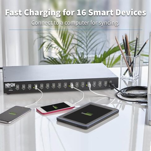 تريب لايت 16 منفذ USB لمزامنة الشحن والكمبيوتر اللوحي والهواتف الذكية iPad/iPhone Rackmount TAA (U280-016-RM)، أسود in Kuwait