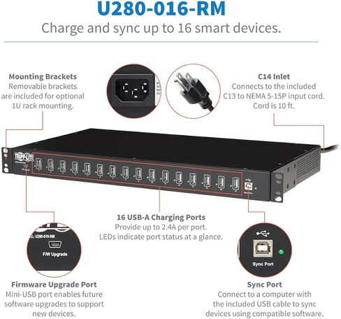 تريب لايت 16 منفذ USB لمزامنة الشحن والكمبيوتر اللوحي والهواتف الذكية iPad/iPhone Rackmount TAA (U280-016-RM)، أسود in Kuwait