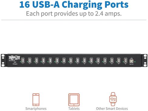 تريب لايت 16 منفذ USB لمزامنة الشحن والكمبيوتر اللوحي والهواتف الذكية iPad/iPhone Rackmount TAA (U280-016-RM)، أسود in Kuwait