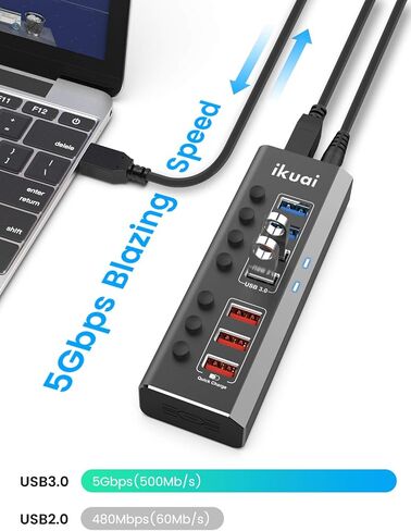 موزع USB 3.0 يعمل، موزع منافذ USB متعدد 5 منافذ ikuai، محور USB 3، موسع منفذ USB محمول عالي السرعة، يدعم الشحن، محول طاقة 24 وات لأجهزة الكمبيوتر المحمول والكمبيوتر الشخصي (RSW-A35B) in Kuwait