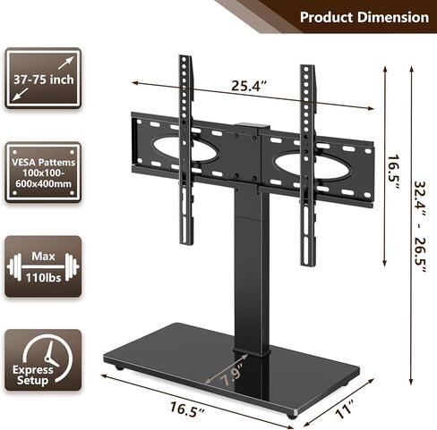 قاعدة حامل تلفزيون دوارة عالمية من TAVR لتلفزيونات LCD LED مسطحة/منحنية مقاس 37-75 بوصة - حامل تثبيت على سطح الطاولة قابل للتعديل مع قاعدة من الزجاج المقسى، بحد أقصى 600 × 400 مم، يتحمل ما يصل إلى 110 رطل، أسود in Kuwait