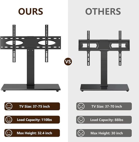 قاعدة حامل تلفزيون دوارة عالمية من TAVR لتلفزيونات LCD LED مسطحة/منحنية مقاس 37-75 بوصة - حامل تثبيت على سطح الطاولة قابل للتعديل مع قاعدة من الزجاج المقسى، بحد أقصى 600 × 400 مم، يتحمل ما يصل إلى 110 رطل، أسود in Kuwait