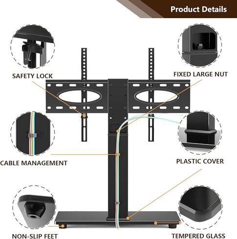 قاعدة حامل تلفزيون دوارة عالمية من TAVR لتلفزيونات LCD LED مسطحة/منحنية مقاس 37-75 بوصة - حامل تثبيت على سطح الطاولة قابل للتعديل مع قاعدة من الزجاج المقسى، بحد أقصى 600 × 400 مم، يتحمل ما يصل إلى 110 رطل، أسود in Kuwait