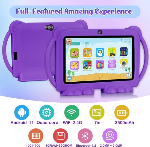 تابلت ATMPC للأطفال، تابلت 7 بوصة للأطفال، ذاكرة وصول عشوائي 32 جيجابايت، ذاكرة وصول عشوائي 3 جيجابايت، أندرويد 11.0 تابلت للأطفال الصغار مع 2.4 جيجا واي فاي، GMS، التحكم الأبوي، تطبيق تعليمي، كاميرا مزدوجة، حافظة مقاومة للصدمات، أرجواني in Kuwait